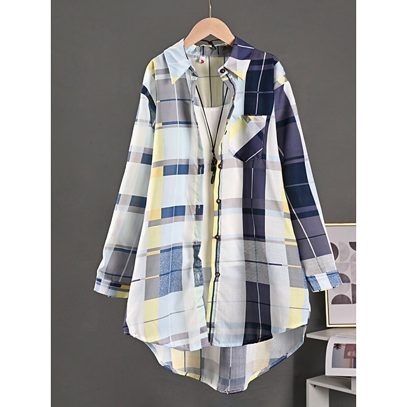 Women's Shirt Button Down Blouse Plaid Tropical Stylish Casual Long Sleeve Shirt Button Down Blouse Collar Long Tops Daily Pocket Buttons Print Yellow Green Khaki Spring Fall2