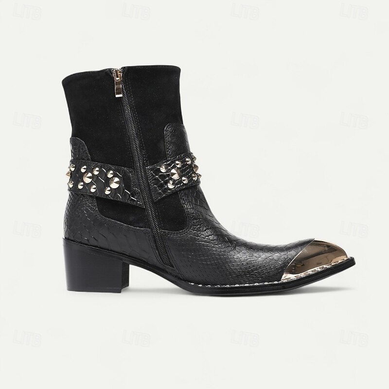 Men's Black Leather Ankle Boots with Studded Straps and Metal Toe Caps - Stylish Western Boots for Formal and Casual Occasions4