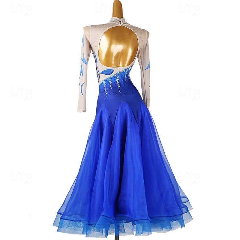 Ballroom Dance Dress Rhinestone Splicing Women's Performance Party Long Sleeve Mesh Spandex Organza4