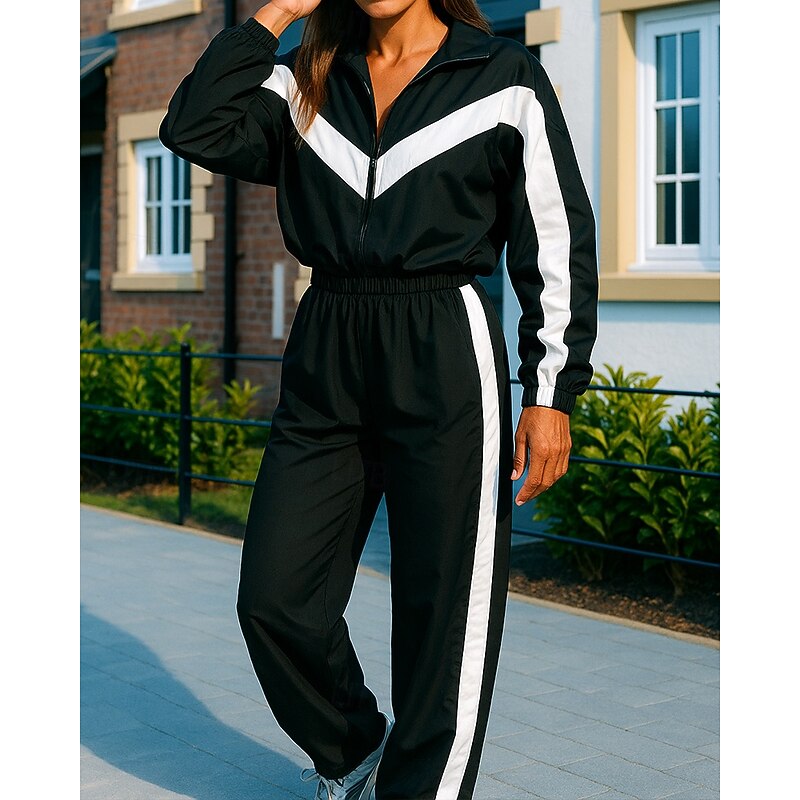 Women's Tracksuit Sweatpants Track Pants Zipper Pocket Solid Colored Clothing Suit Spring Black White Gym Training Running Windproof Long Sleeve Sport Activewear Micro-elastic Regular Fit3
