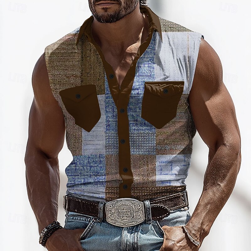 Men's Color Block Patchwork Shirt Western Shirt Cowboy Shirt Sleeveless Western Style Outdoor Work Causal Summer Spring Turndown 3D Print Front Two Pockets Button Up Shirts Army Green Blue Brown2