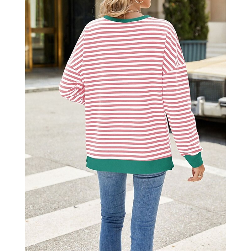 Women's Pullover Striped Streetwear Casual Comfy Long Sleeve Crew Neck Regular Tops Street Holiday Going out Print Black Pink Red Blue Fall4