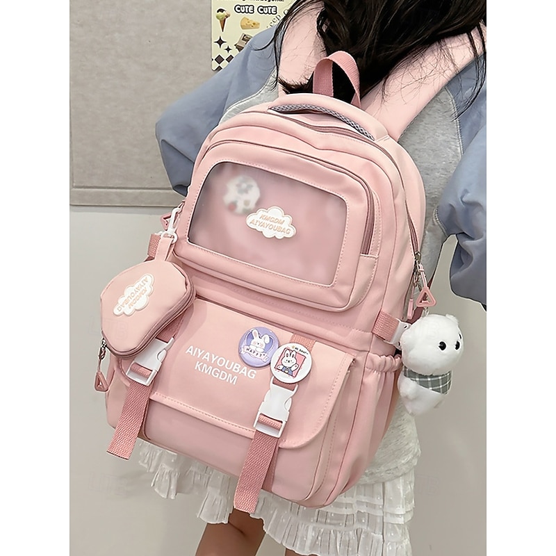 Girls Cute Macaroon Color Campus Backpack - Waterproof Large Capacity School Bag with Decorative Pins, Plush Bear Keychain and Multiple Pockets, Suitable for Teen Students and Daily Campus Use2