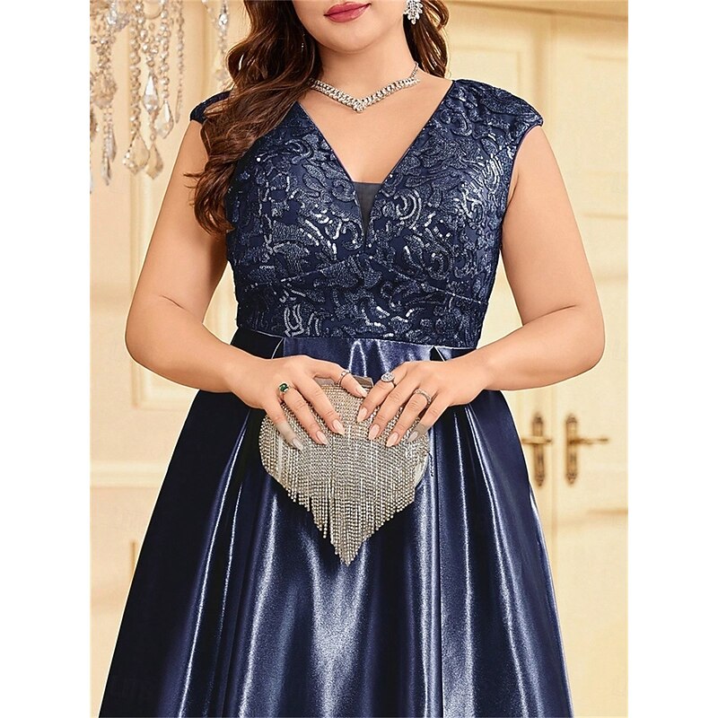 A-Line Plus Size Dresses Elegant Curve Dress Formal Wedding Floor Length Short Sleeve V Neck Satin Backless with Pleats3