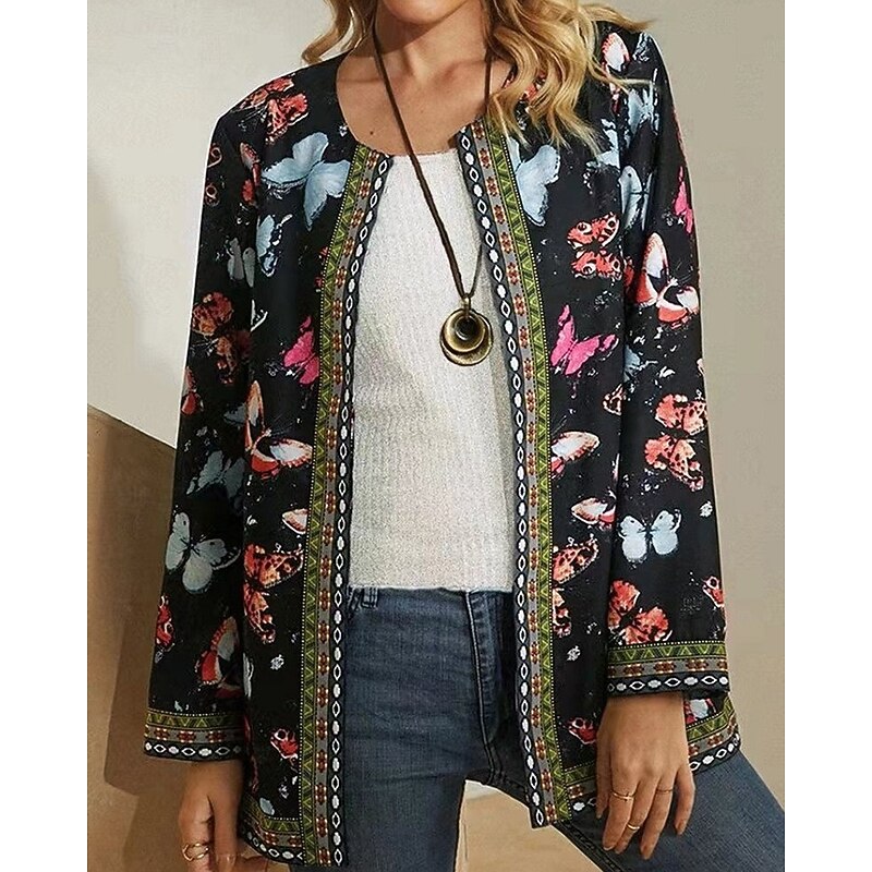 Women's Dressy Dusters Dressy Jackets Casual Jacket Street Going out Fall Winter Regular Coat Regular Fit Warm Comfortable Fashion Modern Jacket Long Sleeve Floral Pocket Black Pink Purple
