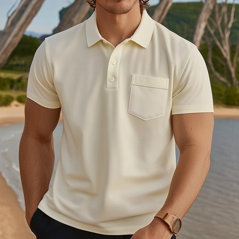 Men's Polo Shirts Golf Shirt Casual Sports Classic Short Sleeve Fashion Cool Color Block Plain Pocket Buttons Summer Spring &  Fall Regular Fit Beige Polo Shirts