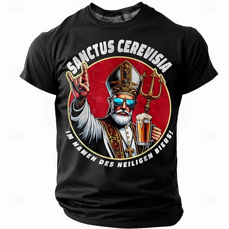 Men's Funny Beer Graphic T-Shirt | Holy Beer Pope Design | Sanctus Cerevisia Im Namen Des Heiligen Biers Novelty Tee for Beer Lovers - Main Image