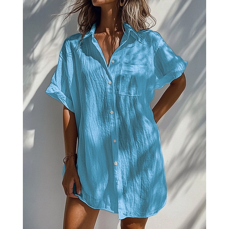 Women's Shirt Blouse Plain Modern Casual Short Sleeve Shirt Collar Regular Tops Daily Going out Buttons Pocket White Apricot Light Blue Summer2