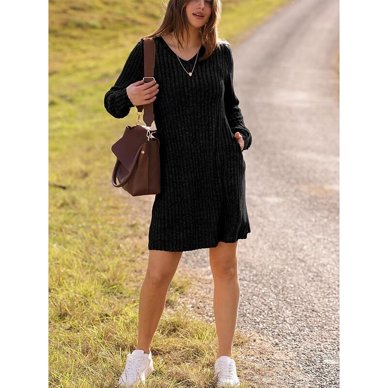 Women's Mini Dress Sweater Dress Casual Casual Regular Fit Plain Long Sleeve V Neck Black Brown Green Gray Fall Winter4