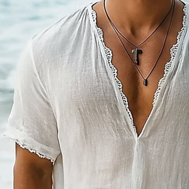 Men's T Shirt Tee Short Sleeve Shirt Tee Top Short Sleeve V Neck Summer Solid Color Bohemia Vintage Casual Lace Trims Vacation Street Casual Daily White Top Tee for Men2