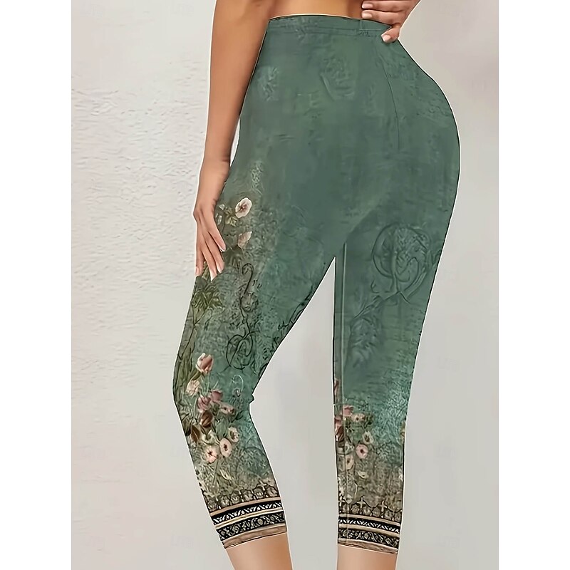 Women's Leggings Vacation Vintage Ethnic Style Calf-Length High Waist Floral Graphic Quick Dry Soft Comfortable Stretchy Outdoor Vacation Causal Green Summer Spring Slim Fit3