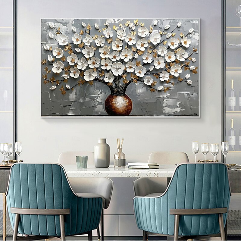 Handmade Original Blooming White Cherry Flowers Oil Painting On Canvas Abstract Floral Wall Art for Home Decor With Stretched Frame Without Inner Frame Painting2