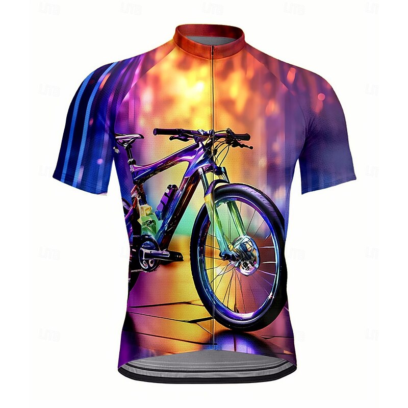 Men's Cycling Jersey Graphic Geometric Short Sleeve Bike Jersey Top with 3 Rear Pockets UV Resistant Quick Dry Front Zipper Reflective Strips Sports Purple Clothing Apparel