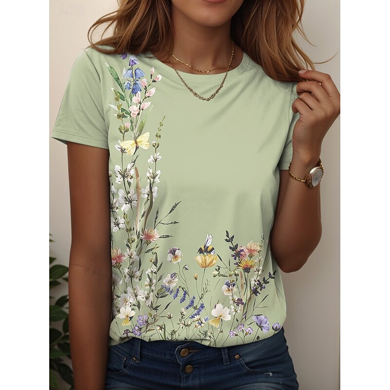 Women's T Shirt Floral Graphic Plants Vintage Stylish Classic Short Sleeve Crew Neck Regular Tops Daily Print Light Green Pink Blue Green Rose Pink Summer Spring3