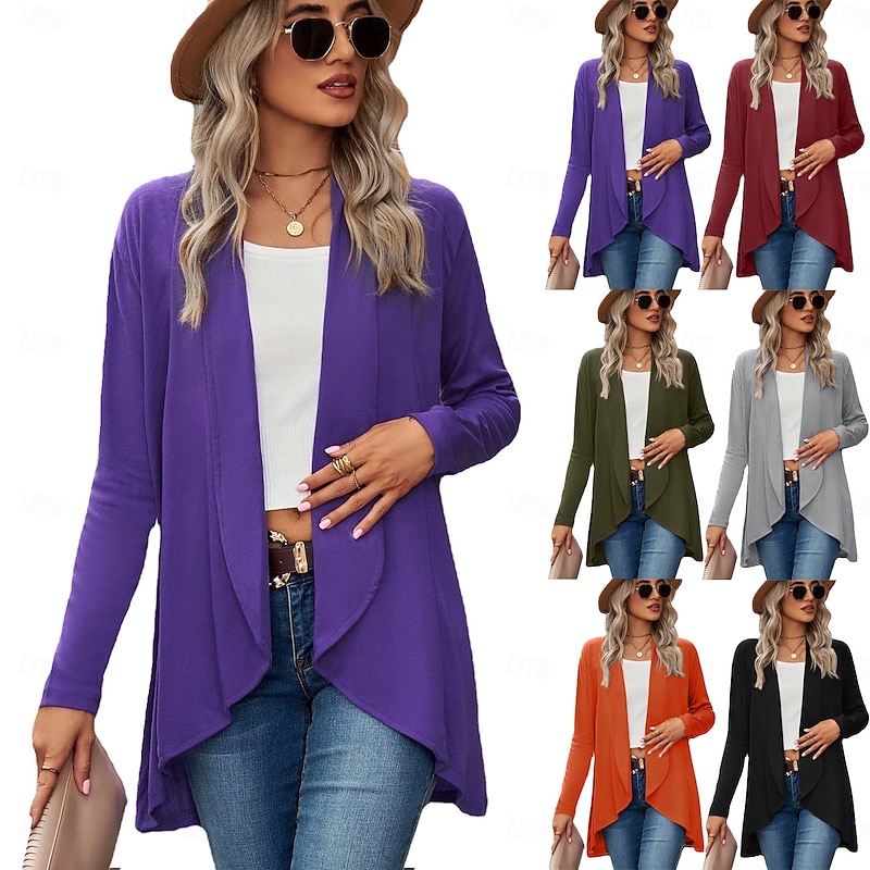 Women's Casual Jacket Breathable Comfortable Irregular Hem Casual Plain Vacation Street Casual Daily Wear Open Front Regular Shawl Collar Regular Fit Long Sleeve Outerwear Black Wine Purple Summer