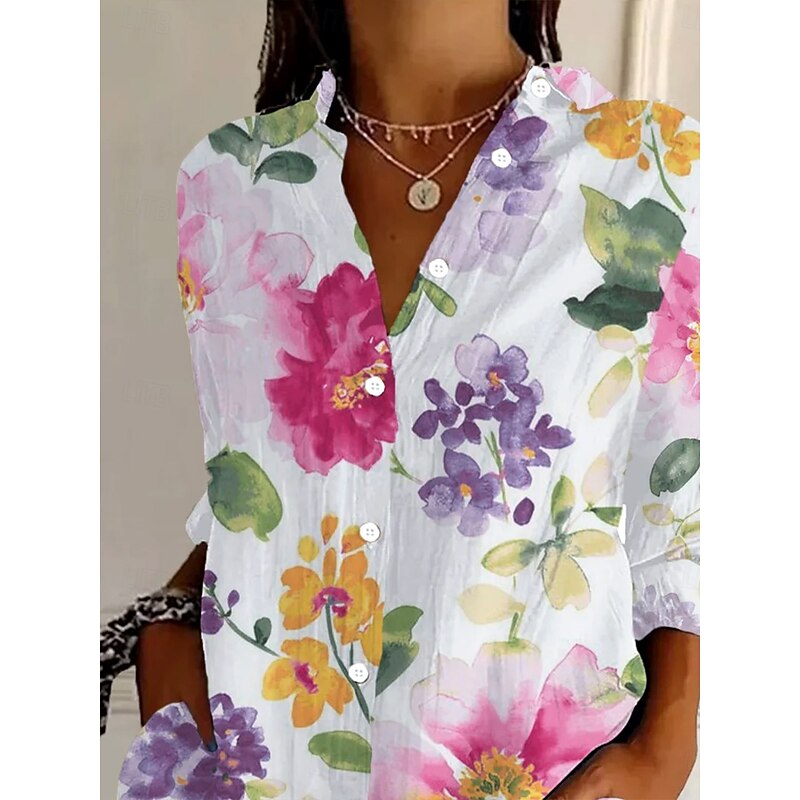 Women's Shirt Button Down Tunic Shirt Collar Long Sleeve Floral Graphic Vintage Tropical Daily Regular Tops Work Daily Holiday s Print Pink Spring Fall2