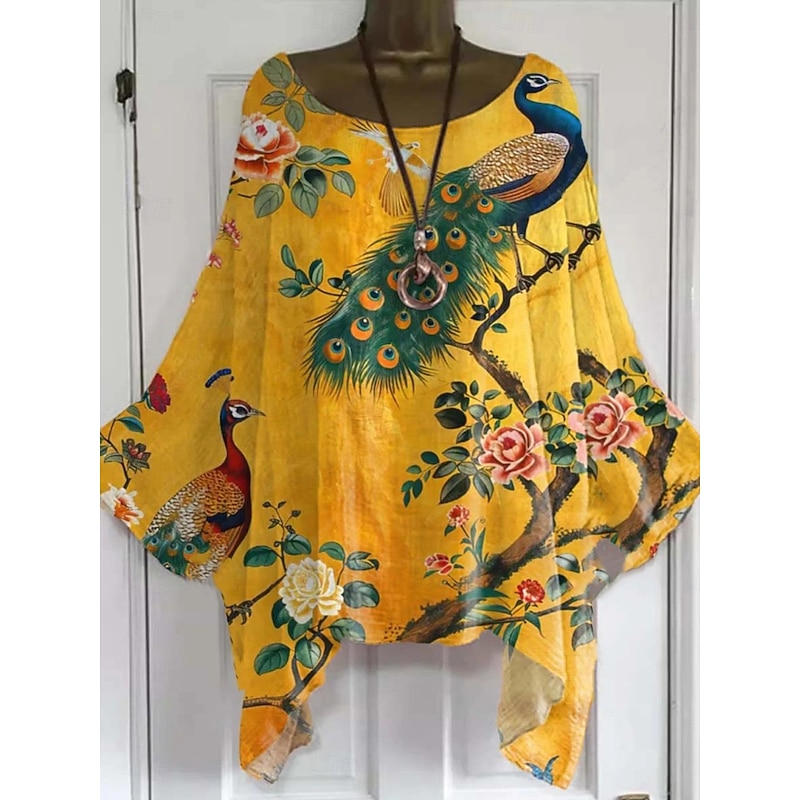 Women's Boho Shirt Floral Graphic Elegant Bohemia Active Short Sleeve Batwing Sleeve Boat Neck Regular Tops Daily Holiday Beach Wear Yellow Pink Blue Khaki Beige Summer Spring4