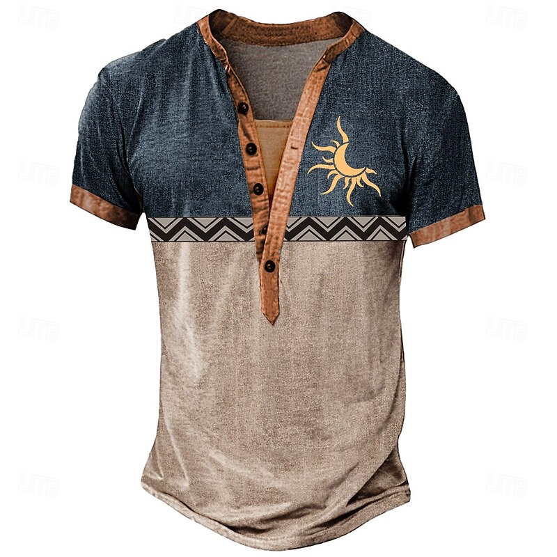 Men's Tribal T Shirt Henley Shirt Tee Short Sleeve Designer Basic Classic Outdoor Casual Daily Summer Gray Navy Blue Brown Henley Henley T-Shirt3
