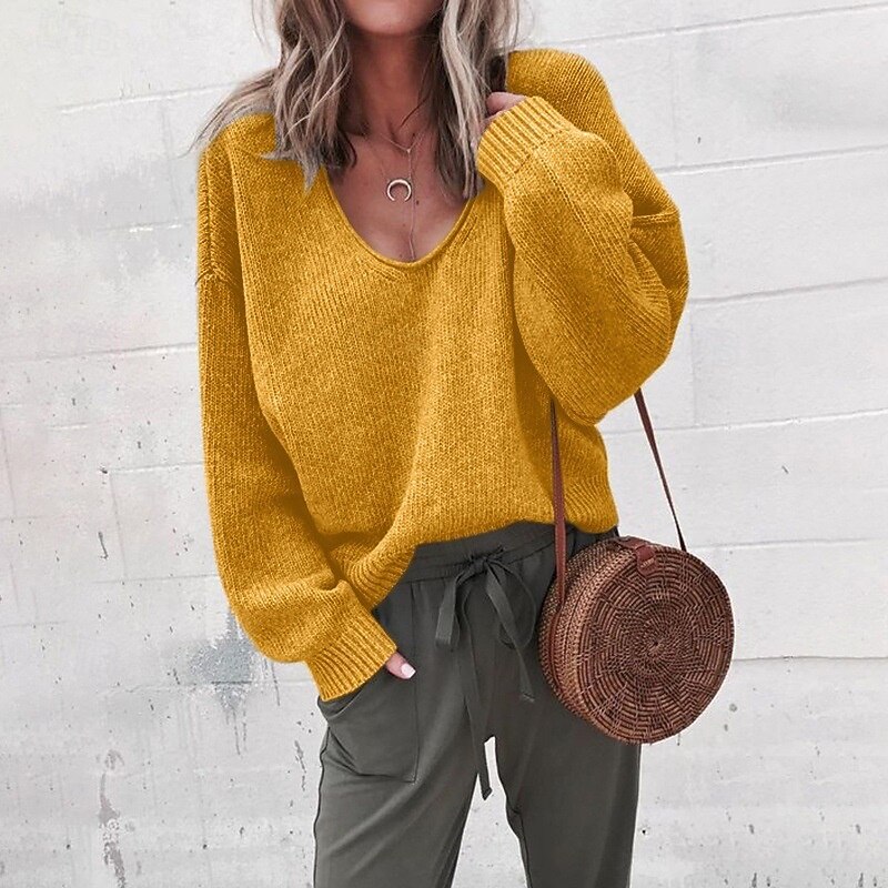 Women's Sweater Pullover Casual Solid Color Ribbed V Neck Knitted Long Sleeve Regular Tops Knit Daily Holiday Weekend Yellow Purple Fall3
