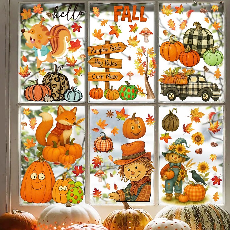 9 Sheets Fall Window Cling Thanksgiving Sticker Decals Decorations Double Side, Scarecrow Hedgehog Maple Leaf Pumpkin Static Stickers for Glass Window Autumn Harvest Home Decor