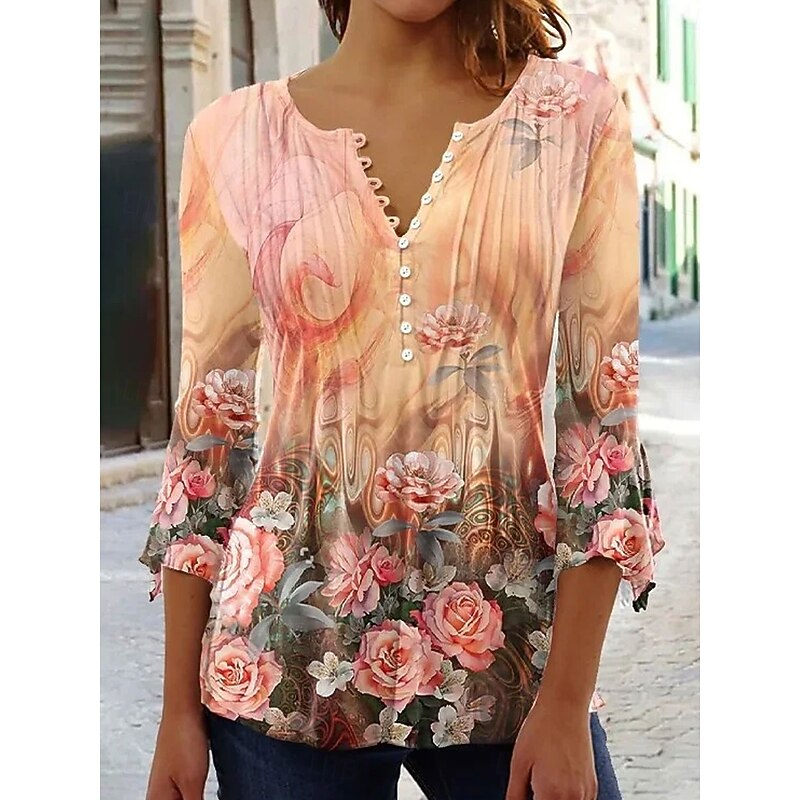 Women's Blouse V Neck Ombre Floral Graphic Elegant 3/4 Length Sleeve Regular Tops Daily Going out Ruffle Buttons Pink Blue Purple Orange Green Spring Fall4