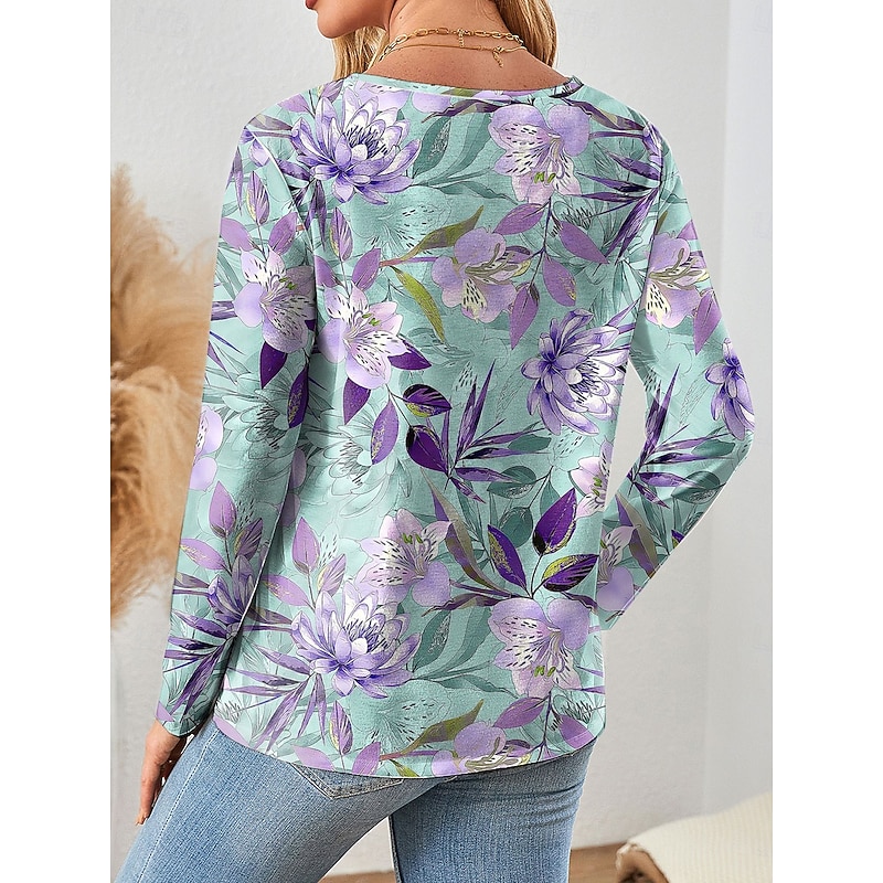 Women's T shirt Long Sleeve Crew Neck Long Sleeve Tunic Floral Graphic Vintage Stylish Classic Regular Tops Daily Weekend Print Pink Blue Purple Green Spring Fall Prefall2