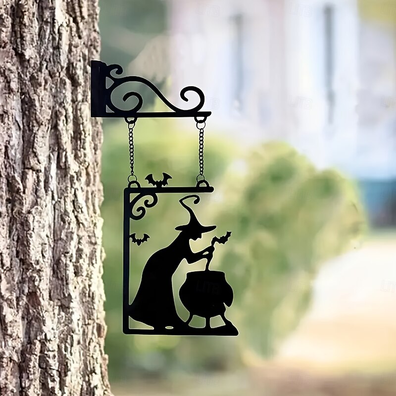 Spooky Halloween 1pc Metal Witch Cauldron Wall Art  Iron Hanging Sign with Bats & Swirls  for Home Garden Party or Door Frame Decoration2