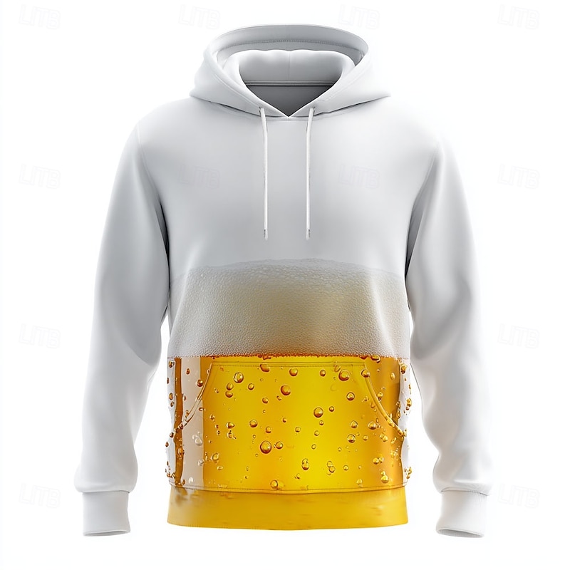 Oktoberfest Men's 3D Print Beer Hoodies Sweatshirt Cool Party Long Sleeve Crew Neck Club Streetwear Light Yellow White Drawstring Graphic Fall Winter Designer2