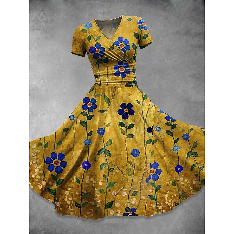 Women's Midi Dress Summer Dress Fit And Flare Dress Party Casual Daily Holiday Regular Fit Floral Graphic Short Sleeve V Neck Yellow Red Blue Purple Summer4