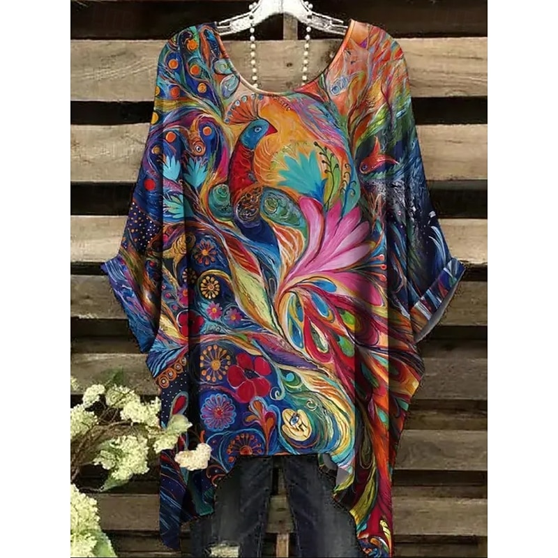 Women's Boho Shirt Graphic Abstract Elegant Bohemia Active Short Sleeve Batwing Sleeve Crew Neck Regular Tops Daily Holiday Beach Wear Light Brown Blue Purple Green Red / Blue Summer Spring3