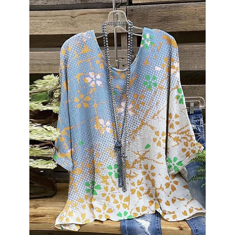 Women's Shirt Floral Butterfly Stylish 3/4 Length Sleeve Crew Neck Regular Tops Daily Holiday Print Blue Orange Khaki Apricot Gray Summer4
