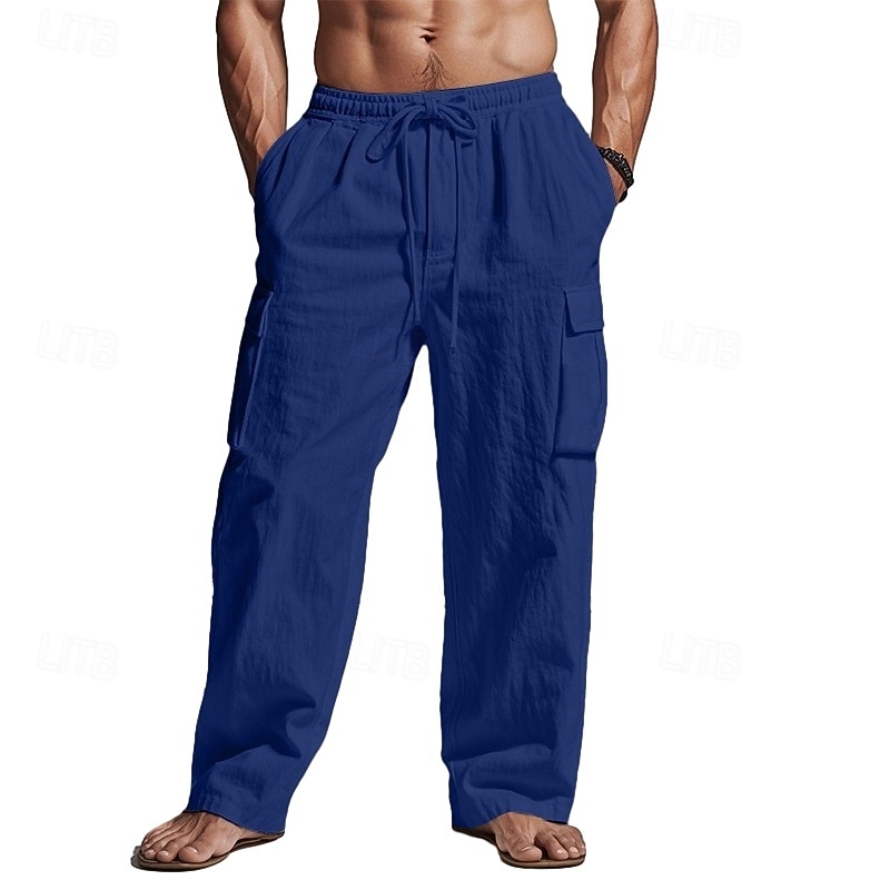 Men's Cargo Pants Linen Pants Trousers Summer Pants Beach Pants Drawstring Elastic Waist Multi Pocket Plain Comfort Soft Full Length Outdoor Casual Daily Vacation Fashion Black White