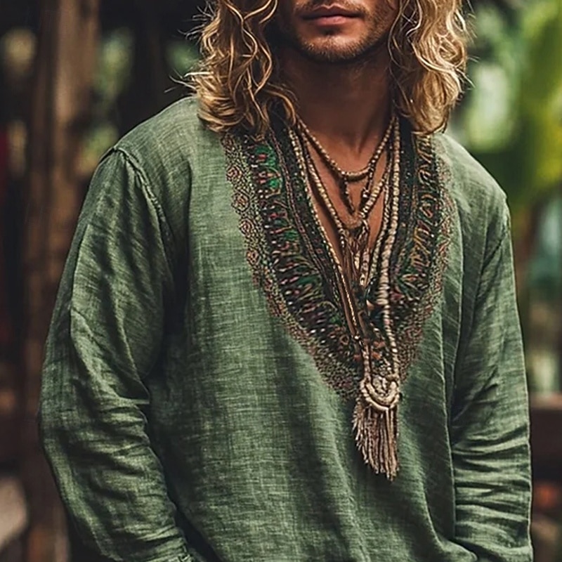 Men's Shirt Linen Shirt Viking Style Popover Shirt Summer Shirt Beach Wear Geometric Vacation Street Yellow Purple Green Long Sleeve V Neck Summer Spring Clothing Apparel2