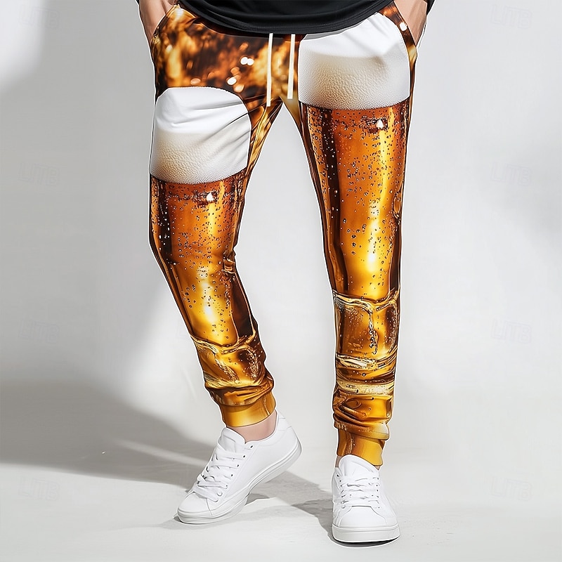 Men's Oktoberfest Beer Sweatpants Joggers Workout Pants Drawstring Elastic Waist Casual Outdoor Holiday Athletic Sweatpants with Pockets Spring Fall Winter 3D Print Yellow