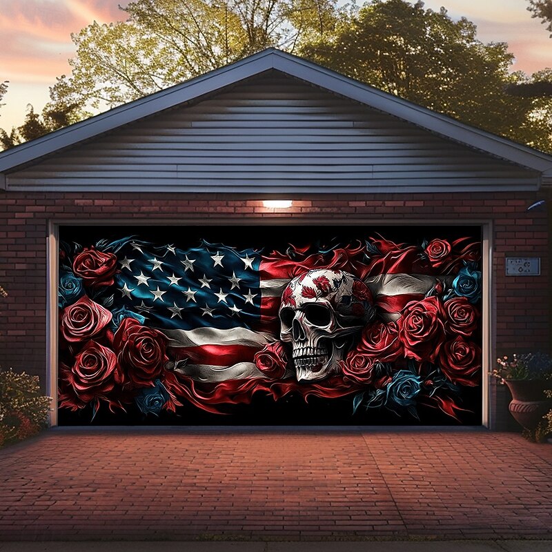 Halloween Door Decorations Garage Door Cover Skull 4th of July Independence Day Outdoor Banner Large Backdrop for Holiday Outdoor Garage Door Home Wall Decorations