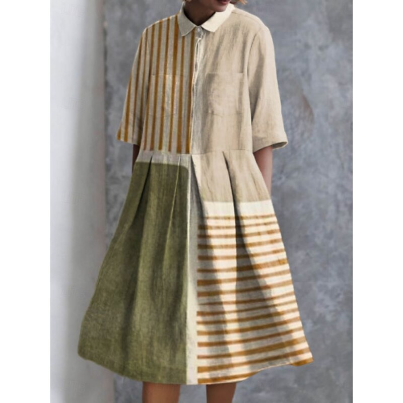 Women's Midi Dress A Line Dress Summer Dress Casual Daily Regular Fit Geometric Striped Half Sleeve Lapel Red Blue Sky Blue Apricot Summer3