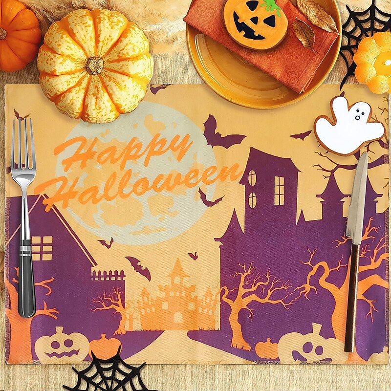 Halloween Placemats, Rectangle Easy Care Cotton Linen Place Mat, Decorative Table Mat for Party Holiday Everyday Use 4 Pieces, Witches Hat Spooky Pumpkins Magical Night Autumn