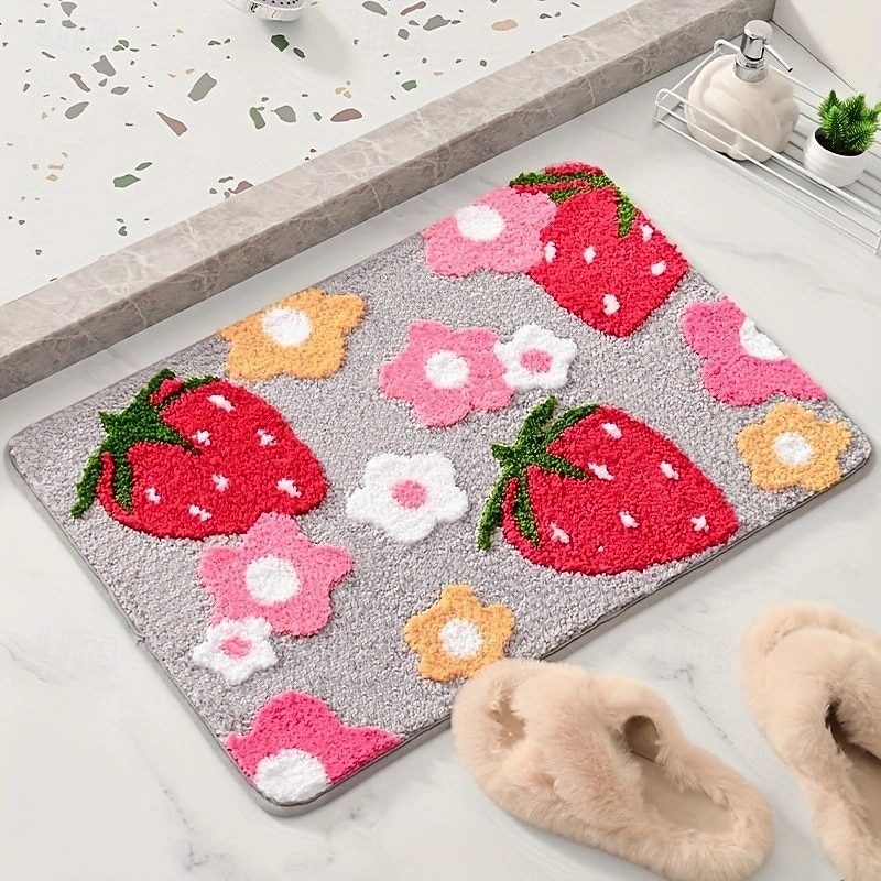 Bathroom Rugs Cute Strawberry Bath Mat Colorful Bathroom Accessories, Funny Flower Rug Non Slip Floor Mat, Machine Washable Bath Rug Soft Microfiber Carpet for Shower, Tub2