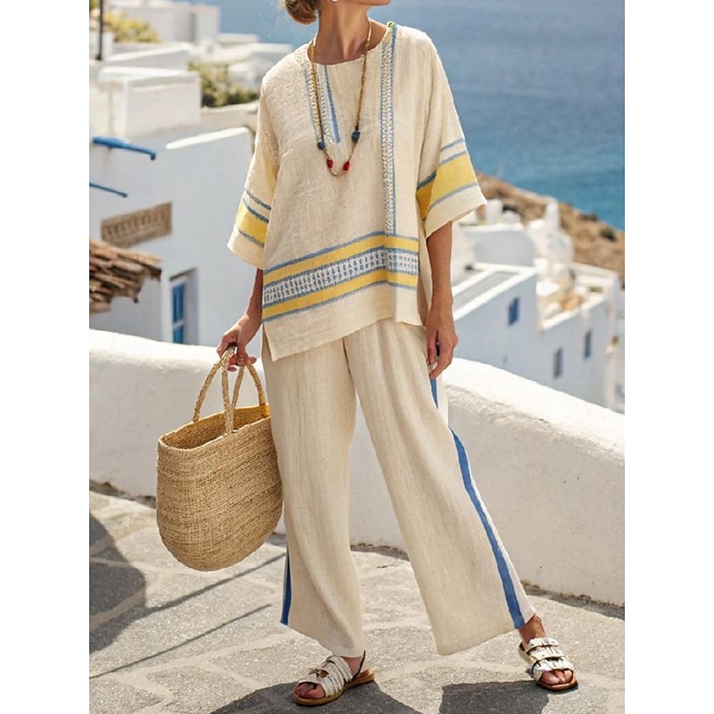 Women's Fashion Streetwear Daily Pants Sets Long Sleeve Round Neck Striped Print Casual Daily Red Blue Green Summer Regular Fit4