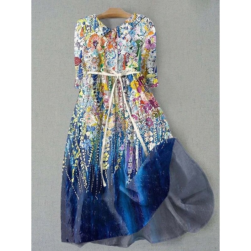 Women's Midi Dress Shift Dress Casual Daily Regular Fit Floral Graphic Half Sleeve Lapel Deep Green Blue Green Summer Spring