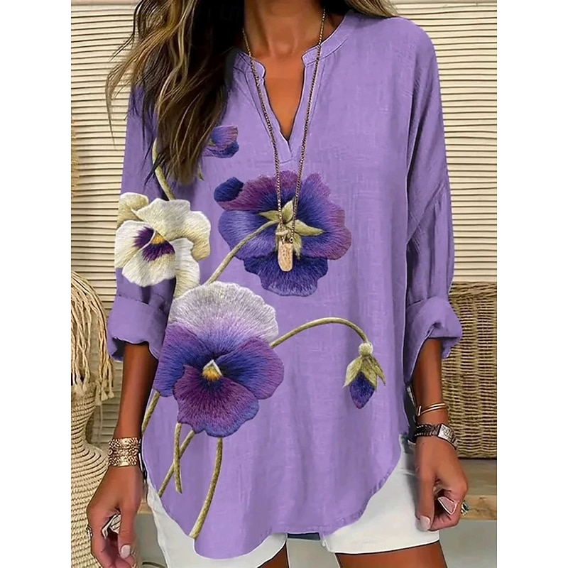 Women's Blouse Tunic V Neck Long Sleeve Boho Casual Tops Floral Graphic 3D Bohemia Vintage Tropical Regular Tops Daily Wear Print White Yellow Red Violet