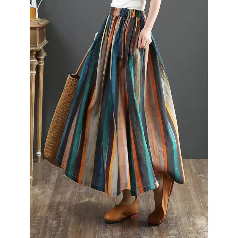 Women's Skirt A Line Fashion Casual Maxi High Waist Skirts Striped Pocket Print Micro-elastic Street Daily Red Summer Polyester2
