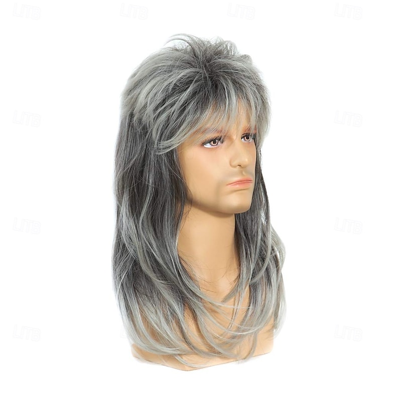 Mens Grey Gradient Mullet Wigs 80s Rock and Roll Wigs for Men Shoulder Length Natural looking Heat Resistant Synthetic Fiber Movie Cosplay Wig Halloween Wigs