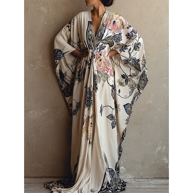 Women's Long Dress Maxi Dress Boho Dress Vacation Casual Dress Swing Dress Fashion Modern Daily Holiday Beach Regular Fit Floral Long Sleeve V Neck Wine Red Navy Blue Apricot Summer Spring2