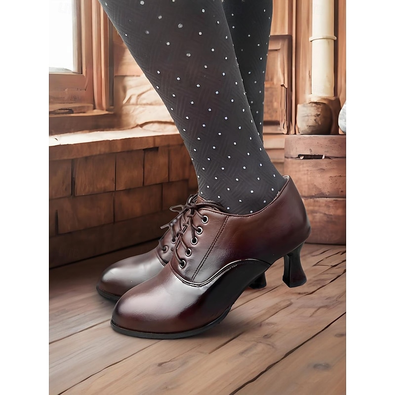 Women's Gatsby Vintage Brown Faux Leather Lace-Up Heeled Oxford Shoes - Retro Victorian Style for Formal and Casual Wear