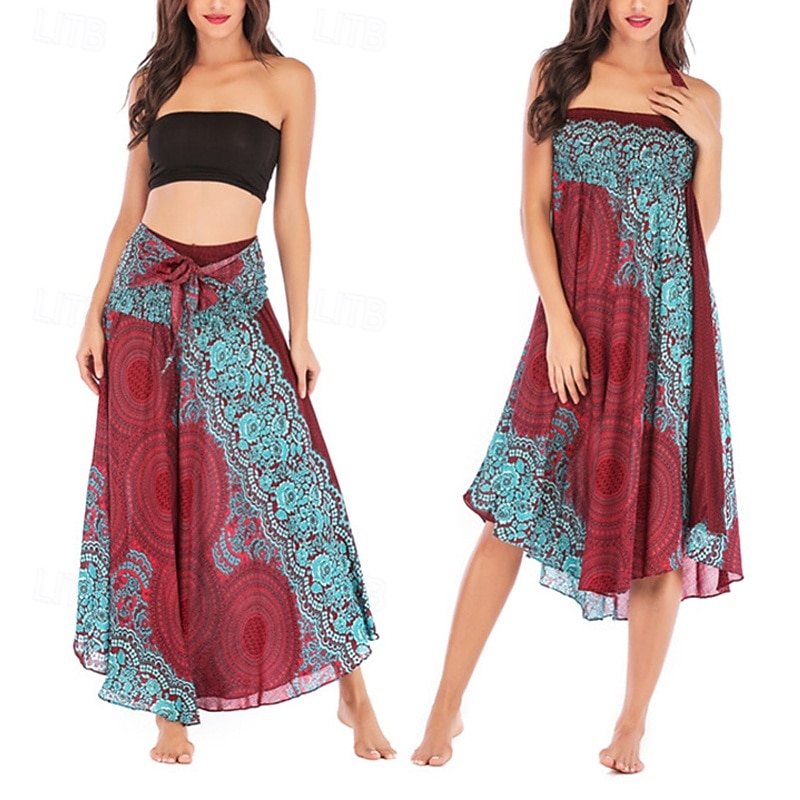 Women's Skirt A Line Swing Casual Boho Maxi High Waist Skirts Floral Print Micro-elastic Vacation Holiday White Wine Royal Blue Dark Green Summer Polyester