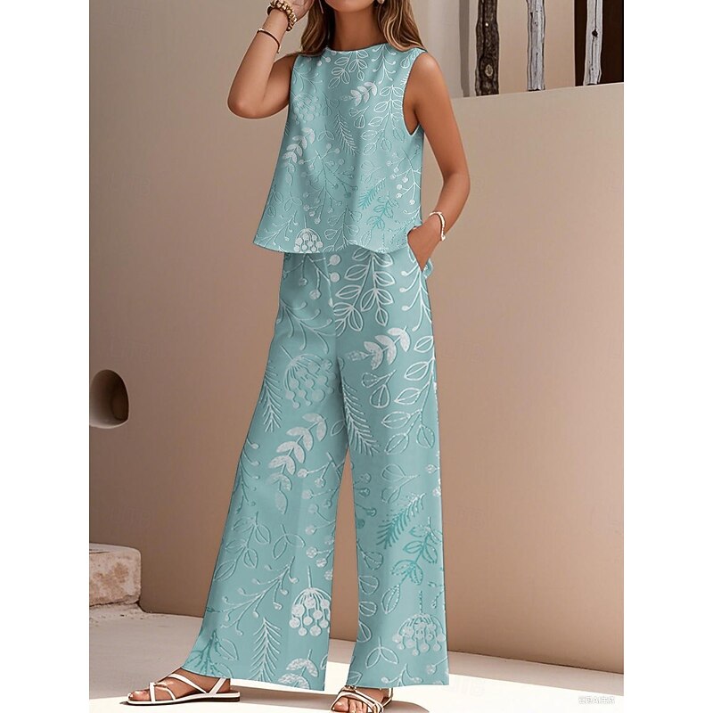 Women's Elegant Fashion Streetwear Two Piece Sets Blouse Vest Pants Trousers Sleeveless Crew Neck Outdoor Work Casual Floral Print Vacation Daily Holiday Pink Blue Purple Summer Regular Fit4
