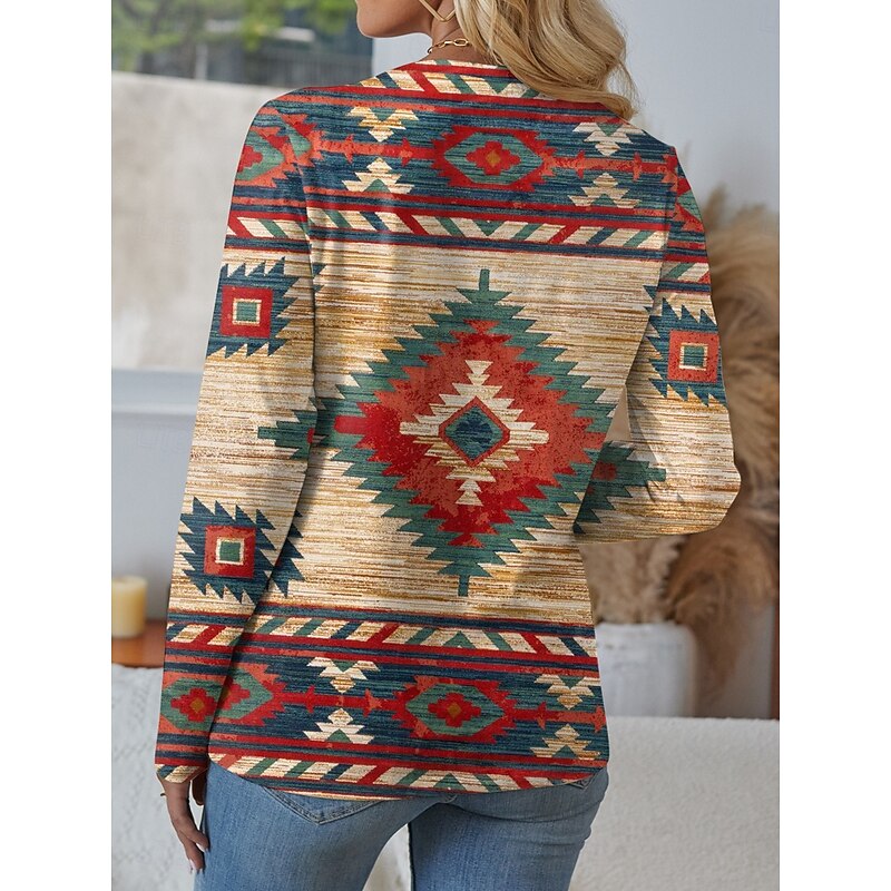 Women's T Shirt Graphic Geometric Abstract Vintage Stylish Modern Long Sleeve V Neck Regular Tops Daily Cut Out Print Red Brown Khaki Spring Fall2