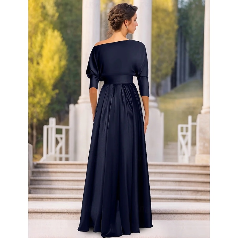 A-Line Mother of the Bride Evening Gown Elegant Dress Formal Wedding Asymmetrical Long Sleeve One Shoulder Pocket Satin with Ruffles Slit2