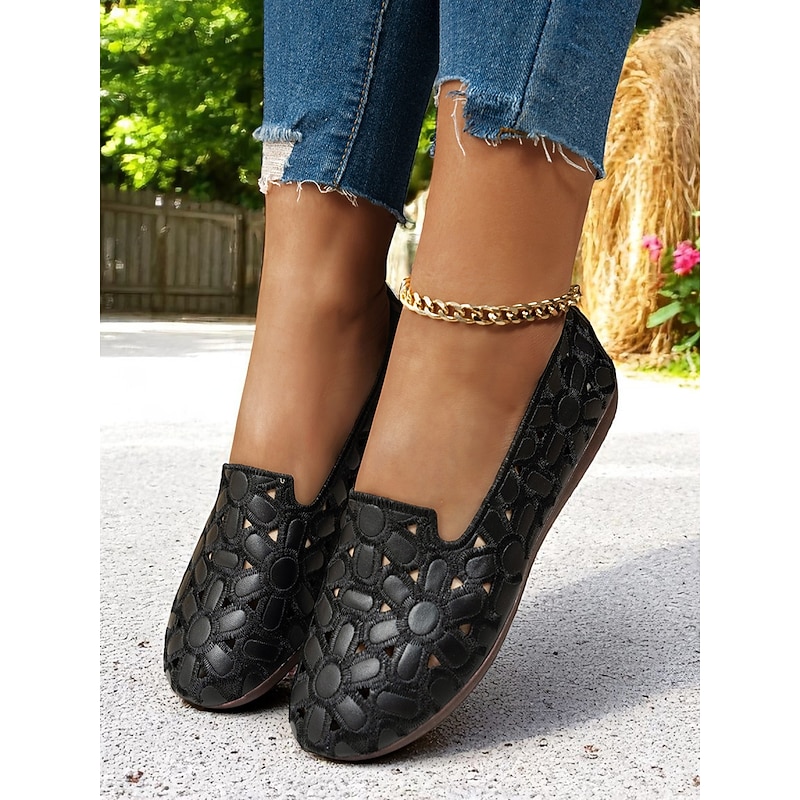 Women's Wide Width Slip-On Leather Flats – Floral Cutout Design, Soft Sole Comfort Loafers for Daily Wear, Farm Visits,Beer Festival Events and Garden Picnics